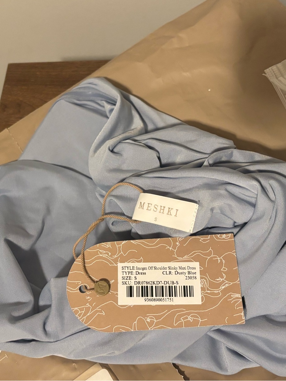 Meshki Imogen Off-Shoulder Slinky Maxi Dress- Dusty Blue - Picture 4 of 4